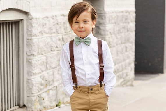 Gold Bowtie Emerald Green Bow Tie Brown Suspenders, Ring Bearer