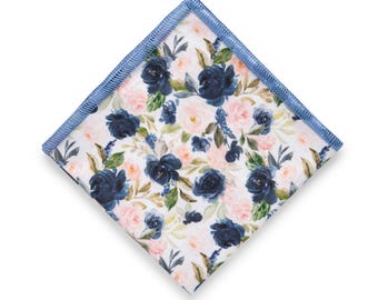 Blush Navy Blue Floral Pocket Square for Men, Blush Roses Handkerchief for Men, Navy Hanky Wedding, Blush Wedding Outfit Groom Groomsmen