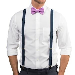Bow Tie Suspenders Set, Wisteria Purple Bow Tie & Navy Blue Suspenders for Groom Groomsmen Ring Bearer, Bow Tie Suspenders for Mens