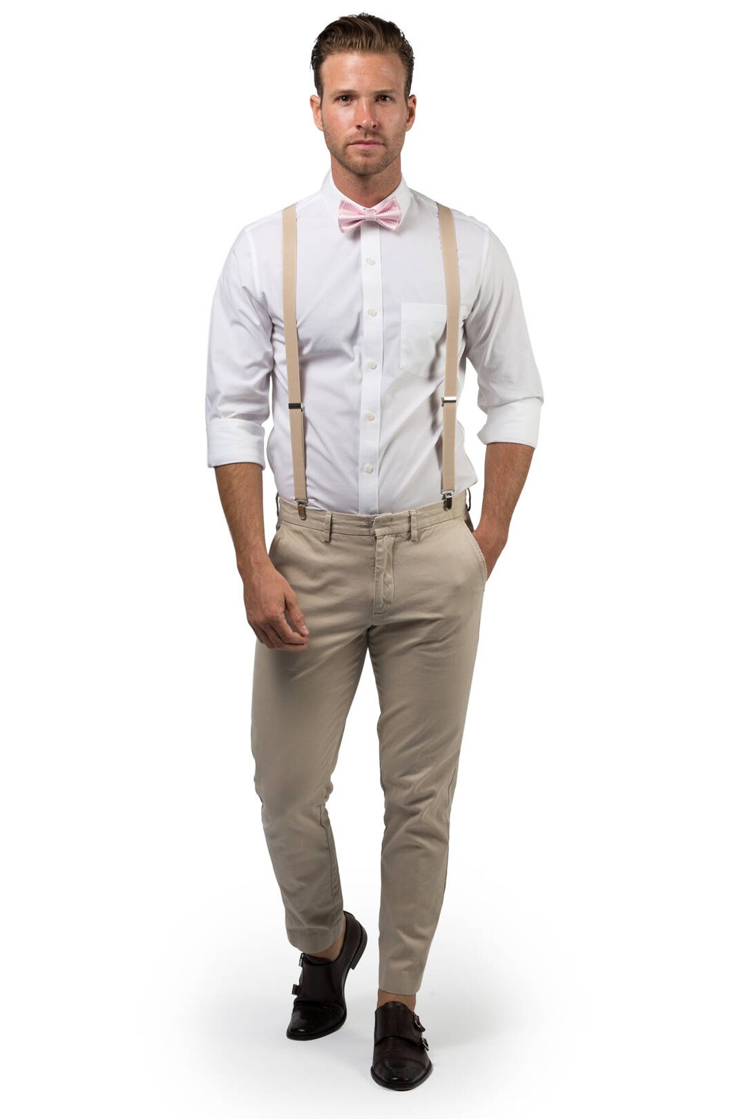 mens pink bow tie and suspenders