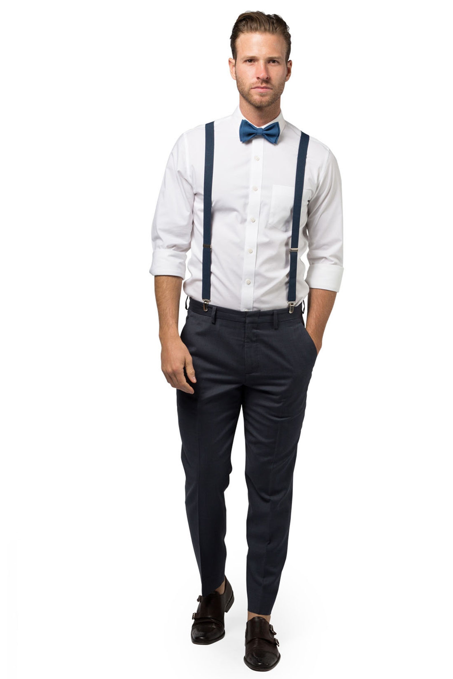 cobalt blue bow tie and suspenders