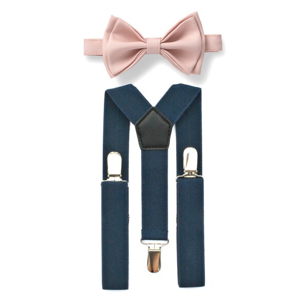 Blush Bow Tie & Navy Blue Suspenders for Weddings, Ring Bearer Bow Tie Suspenders, Bow Tie Suspenders for Groomsmen