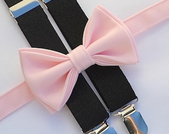 Light Pink Bow Tie & Black Suspenders Set, Groom Groomsmen Wedding Attire, Ring Bearer Outfit, Blush Bow Tie Kids, Toddler Boys Suspenders