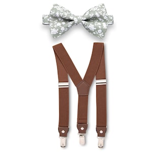 Brown Suspenders & Dusty Sage Floral Bow Tie Set, Bow Tie Suspenders Men, Bow Tie Suspenders Toddler Boys Ring Bearer Wedding