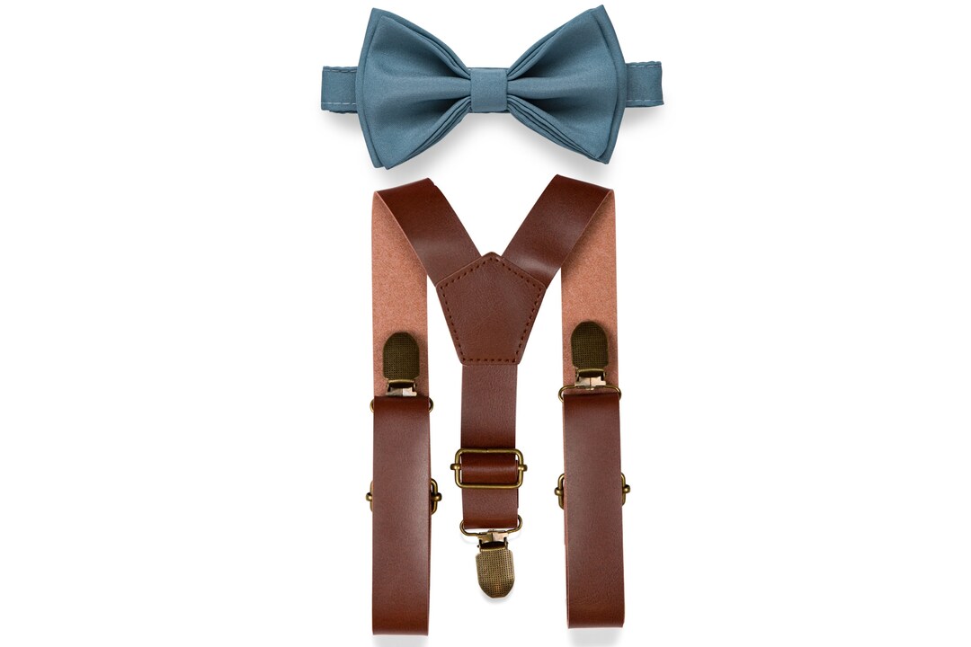 Steel Blue Bow Tie and Brown Faux Leather Suspenders Set for Etsy