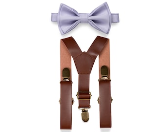 Lilac Purple Bow Tie and Brown Leather Suspenders for Boys Mens, Bow Tie Suspenders for Toddlers, Wedding Bow Tie Suspenders