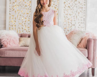 White Pink Tulle Flower Girl Dress for Weddings, Birthday Girl Dress, Floor Length Tulle Dress, Toddler Girl Lace Dress