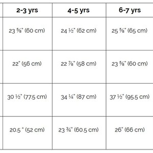 May include: A chart showing the size measurements for a skirt in inches and centimetres for different age groups: 2-3 years, 4-5 years, 6-7 years, and 8-9 years. The measurements include chest, waist, total length (shoulder to skirt bottom), and skirt length (waistline to skirt bottom).