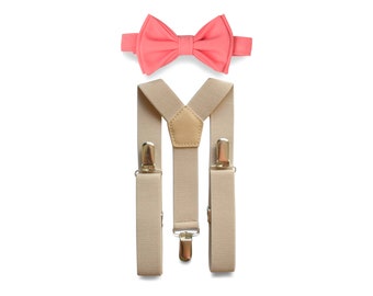 Coral Bow Tie & Beige Suspenders for Baby Toddler Boy Men, Bow Tie Suspenders Toddler, Bow Tie Suspenders for Mens