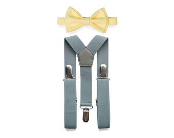 Suspenders Bow Tie Toddler Easter, Yellow Bow Tie, Light Grey Suspenders for Baby Toddler Boy Men