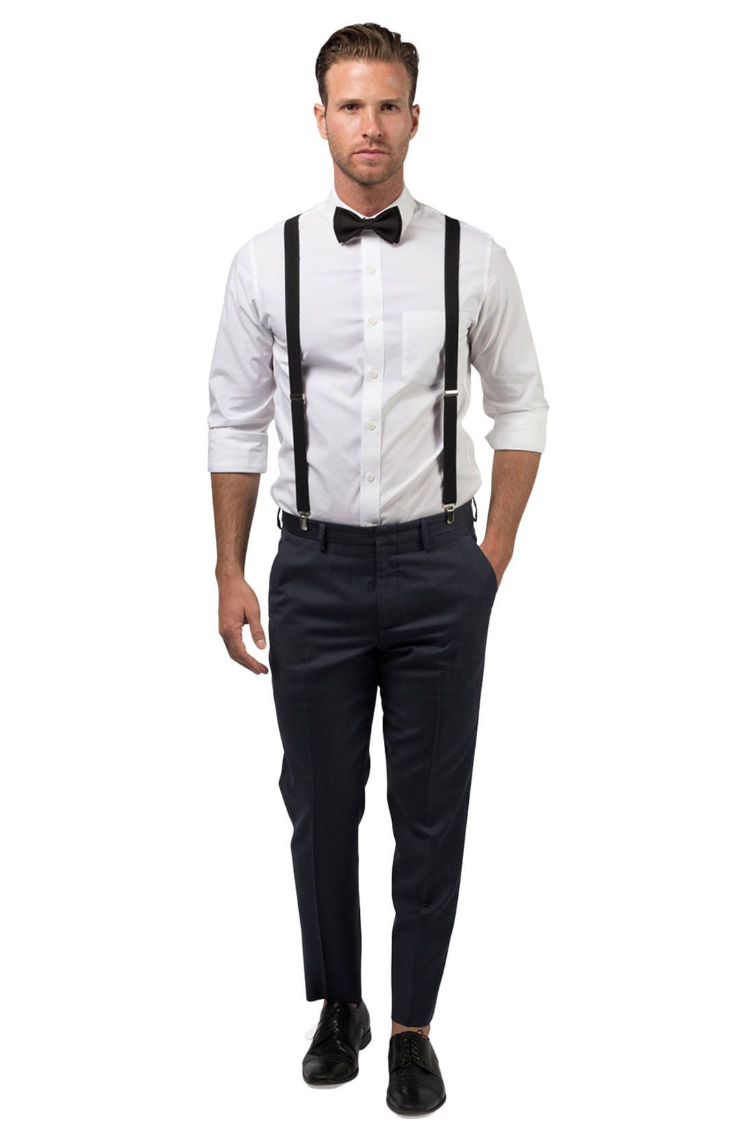 Suspender and Bow Tie Adults Men Solid White Wedding Formal Wear Accessories 