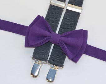 Dark Purple Bow Tie & Charcoal Grey Suspenders for Baby, Toddler, Boy, Men