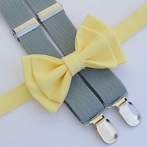 Yellow Bow Tie & Light Gray Suspenders, First Birthday Outfit Baby Boy, Toddler Boy Bow Ties, Kids Suspenders, Ring Bearer Outfit, Wedding