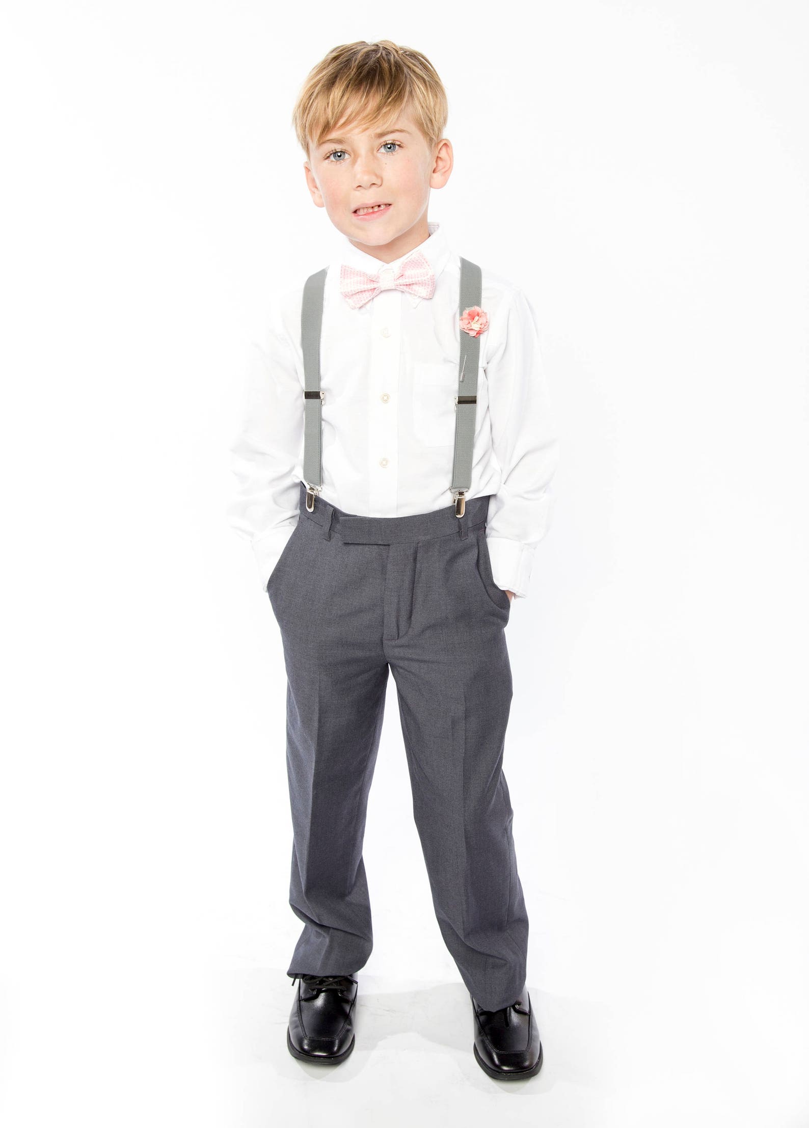 blush pink suspenders and bow tie