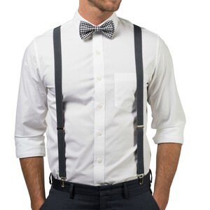 Bow Tie Suspenders for Mens, Dark Grey Suspenders & Black Gingham Bow Tie, Wedding Bow Tie Suspenders Groom Groomsmen
