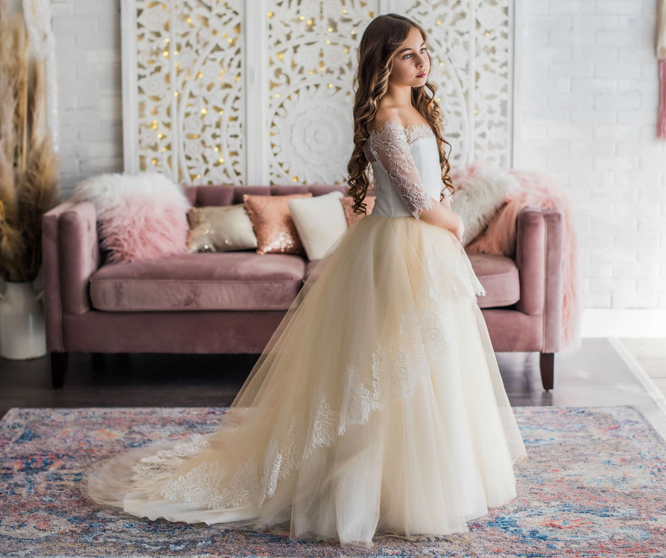 Cream and gold flower girl dresses on sale