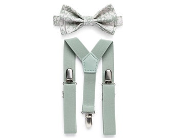 Sage Green Floral Bow Tie Suspenders Wedding, Bow Tie Suspenders for Groomsmen, Bow Tie Suspenders for Groom Wedding, Eucalyptus Wedding