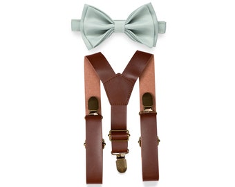 Brown Leather Suspenders & Dusty Sage Bow Tie, Bow Tie Suspenders Mens, Wedding Bow Ties Suspenders for Groom Groomsmen