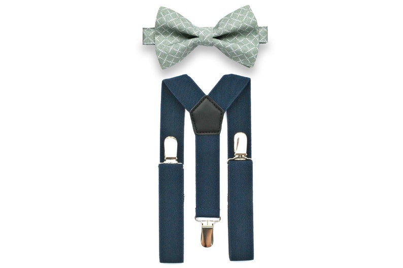 Dusty Sage Bead Box Bow Tie & Navy Blue Suspenders Set image 1