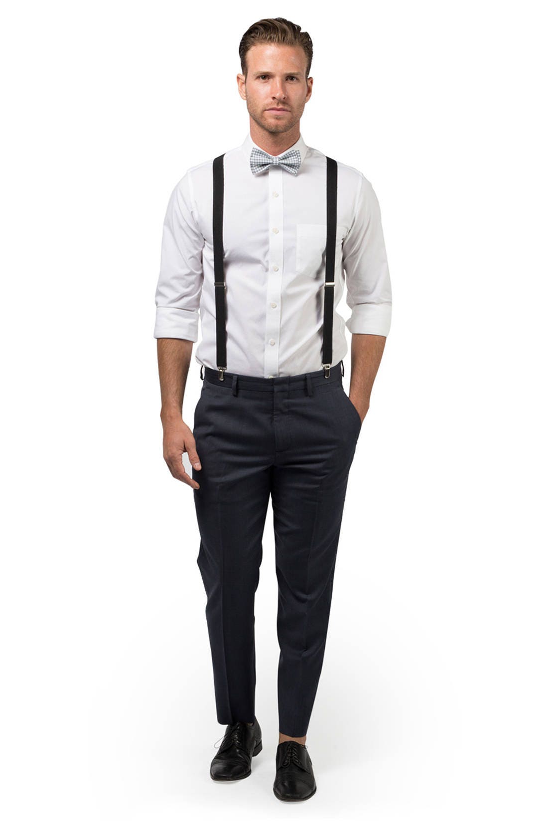 Light Grey Gingham Bow Tie & Black Suspenders Wedding, Bow