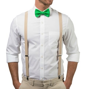 Green Bow Tie & Beige Suspenders for Baby Toddler Boy Men