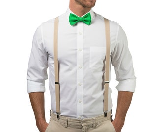 Green Bow Tie & Beige Suspenders for Baby Toddler Boy Men