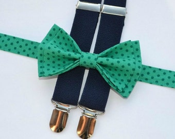 Green Polka Dot Bow Tie & Navy Suspenders for Baby Toddler Boy Men