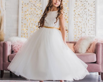 Gold Christmas Dress for Girls, White Gold Beads Flower Girl Dress for Weddings, Birthday Girl Dress, Ankle Length Tulle Dress