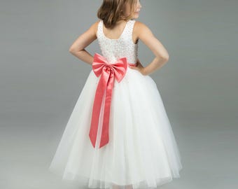 White Coral Flower Girl Dress, Coral Beads Tulle Dress, Birthday Girl Dress, Ankle Length Dress for Weddings