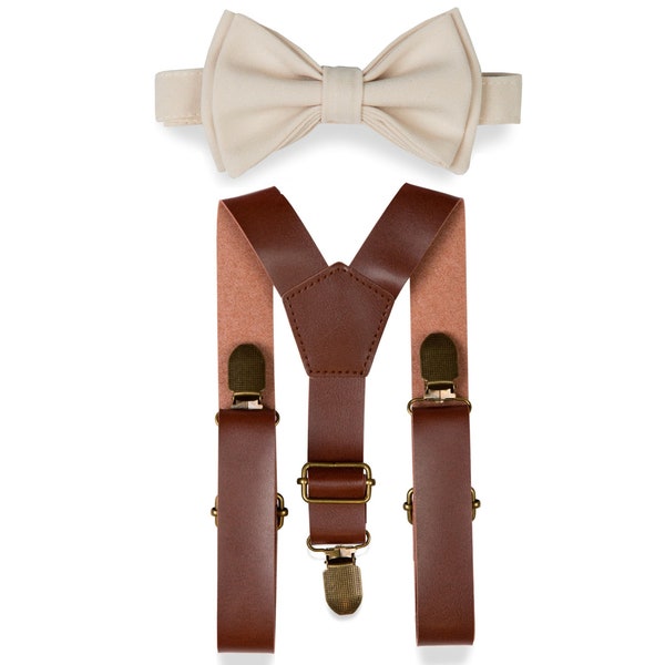 Ivory Cream Bow Tie & Brown Leather Suspenders for Baby Toddler Boy Men, Bow Tie Suspenders Set for Weddings Prom Homecoming