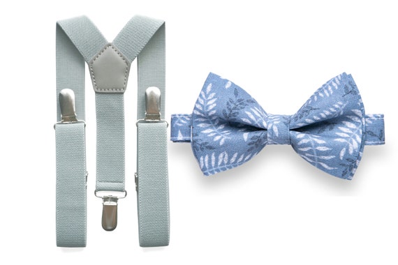 Dusty Blue Bow Tie and Light Grey Suspenders 