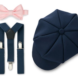 Navy Light Pink Ring Bearer Outfit for Weddings, Pageboy Outfit, Bow Tie Suspenders for Toddlers