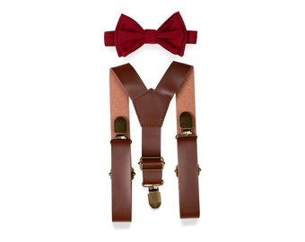 Burgundy Wine Bow Tie & Brown Leather Suspenders for Weddings, Wedding Bow Tie and Suspenders for Groom Groomsmen Ring Bearer
