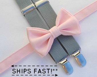 Light Pink Bow Tie & Gray Suspenders for Baby Toddler Child Boy Adult Men, Bow Tie Suspenders for Toddlers, Bow Tie Suspenders Boys