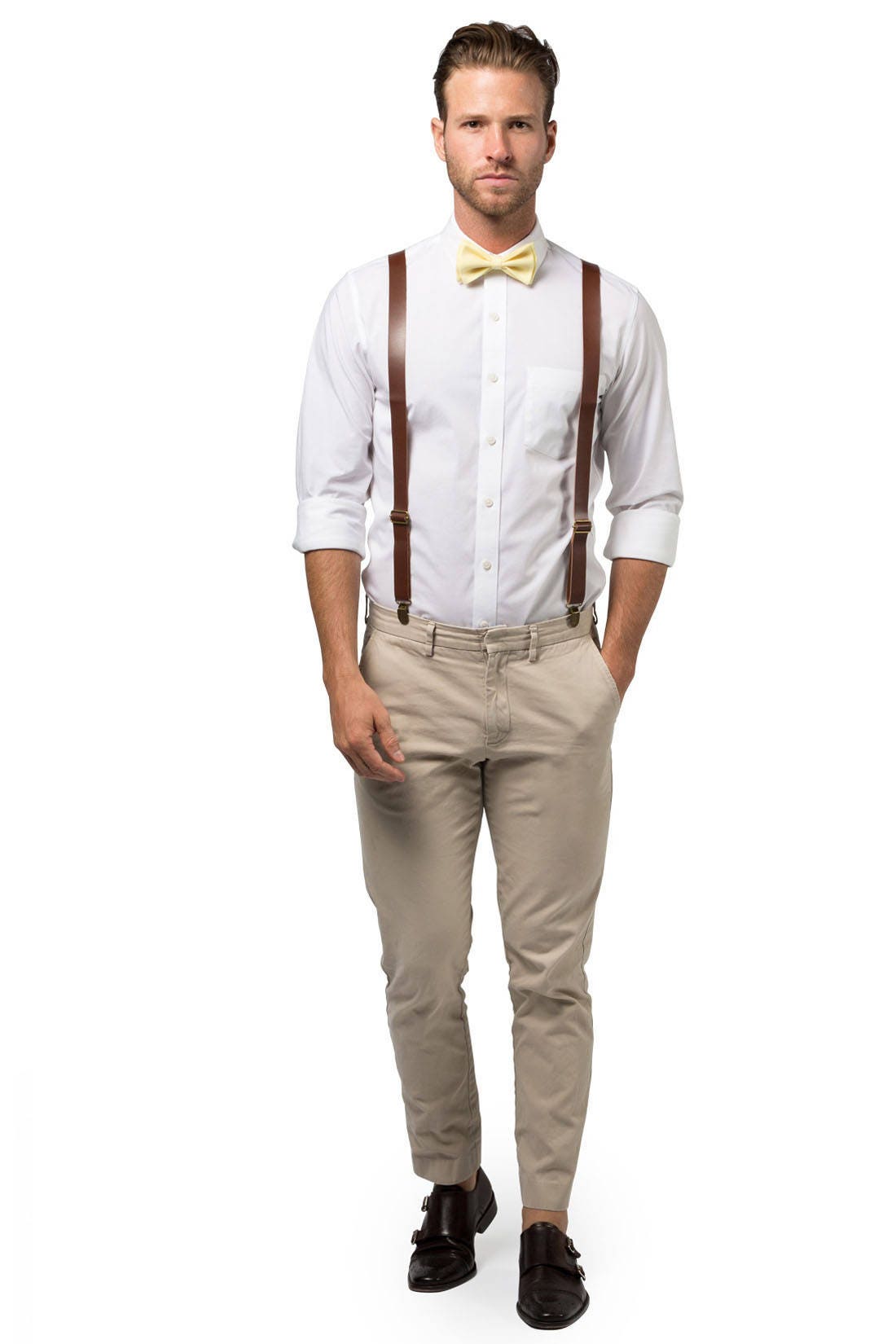 Brown Leather Suspenders \u0026 Yellow Bow 