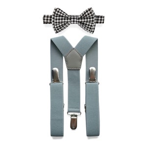Black Gingham Bow Tie &  Light Gray Suspenders for Baby, Toddler, Boy, Kids, Men