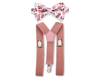 Dusty Rose Suspenders & Dusty Rose Floral Bow Tie, Groom Groomsmen Outfit, Ring Bearer Outfit, Boho Wedding Outfits