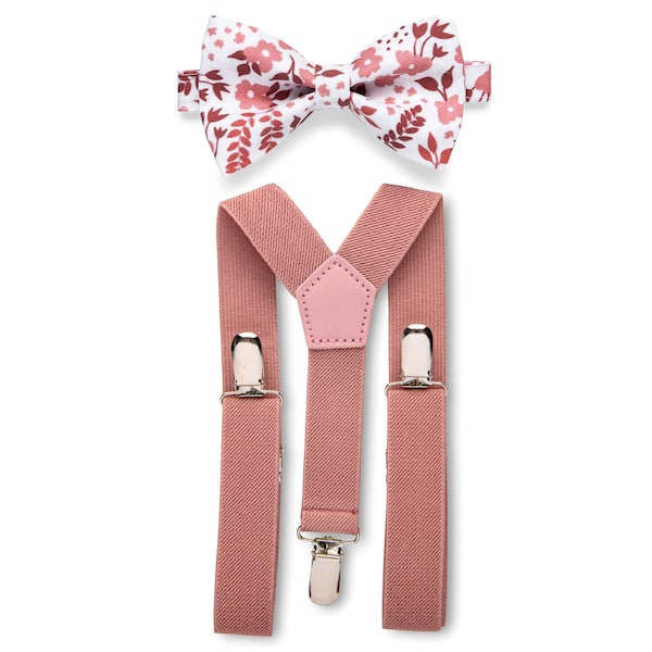 Dusty Rose Suspenders & Dusty Rose Floral Bow Tie, Groom Groomsmen Outfit, Ring Bearer Outfit, Boho Wedding Outfits