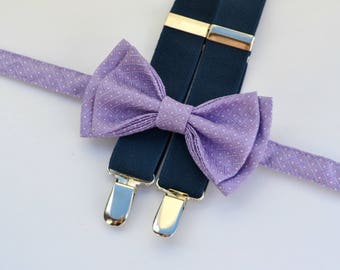 Purple Bow Tie & Navy Suspenders, Groom Bow Tie Suspenders, Groomsmen Suspenders and Bow Tie, Bow Tie Suspenders for Mens