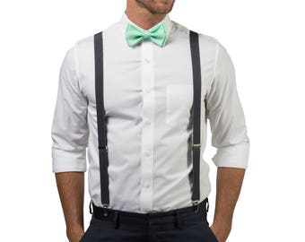 Mint Bow Tie & Charcoal Grey Suspenders for Wedding, Bow Tie Suspenders for Mens, Bow Tie Suspenders Groom Groomsmen