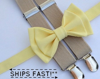 Yellow Bow Tie & Tan Beige Suspenders Wedding, Bow Tie Suspenders Men, Groom Groomsmen Wedding Outfit, Rustic Boho Wedding