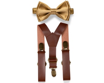 Gold Bow Tie & Brown Leather Suspenders, Wedding Bow Tie Suspenders, Bow Tie Suspenders for Groom and Groomsmen