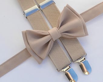 Beige Bow Tie & Beige Suspenders Set, Tan Bow Tie Kids, Tan Suspenders Kids, Classic Wedding Outfit, Tan Beige Ring Bearer Outfit, Groom