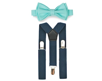Aqua Bow Tie & Navy Blue Suspenders for Baby Toddler Boy Men, Beach Wedding Groom Groomsmen Outfit, Bow Tie Suspenders for Boys Wedding