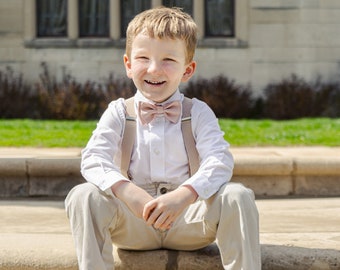 Blush Bow Tie & Tan Suspenders Toddlers, Bow Tie Suspenders for Boys, Kids Bow Tie Suspenders Set Wedding, Ring Bearer Bow Tie Suspenders