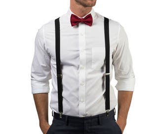 red dress shirt with black bow tie and suspenders Burgundy Bow Tie & Black Suspenders, Groom, Groomsmen, Ring Bearer, Wedding Bow Tie Suspenders, Bow Tie Suspenders for Mens
