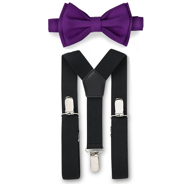 Dark Purple Bow Tie & Black Suspenders for Boys Mens, Bow Tie Suspenders Groom Groomsmen Ring Bearer Wedding