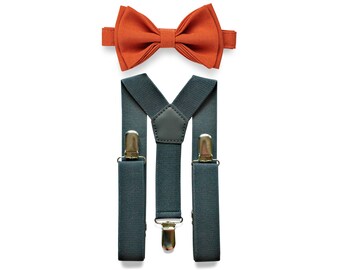 Burnt Orange Bow Tie & Dark Grey Suspenders for Boys Man, Wedding Bow Tie Suspenders Set for Groom Groomsmen