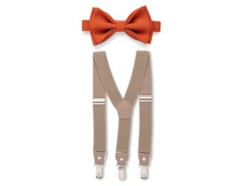 Burnt Orange Bow Tie & Khaki Suspenders for Boys Man, Wedding Bow Tie Suspenders Set for Groom Groomsmen