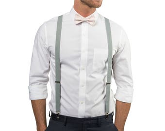 Petal Blush Bow Tie & Light Grey Suspenders, Bow Ties Suspenders for Mens, Bow Tie Suspenders for Boys, Wedding Bow Ties, Wedding Suspenders